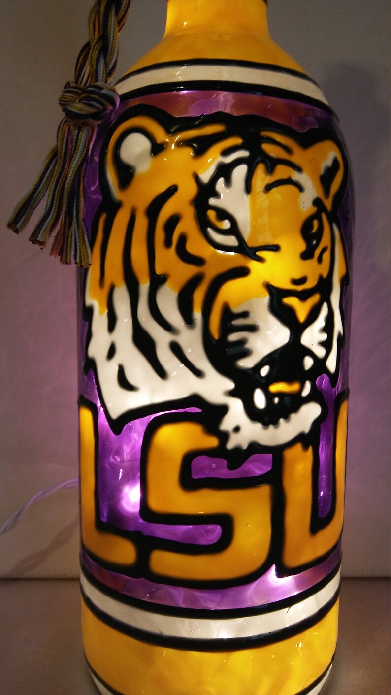 Louisiana State University Inspired Bottle Lamp Handpainted Lighted Stained Glass look.