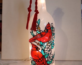 Cardinals Lighted Hand painted Wine Bottle Inspired Stained Glass look