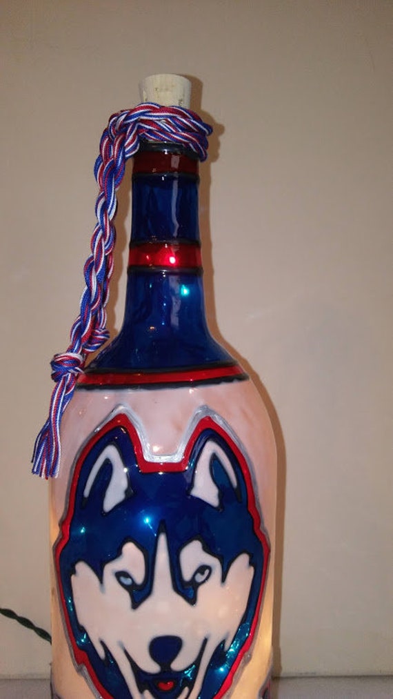 Uconn Huskies Inspired Handpainted Lighted Wine Bottle Stained Glass Look