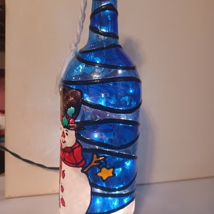 Snowman Inspired Stained Glass look Lighted Handpainted Wine Bottle image 5