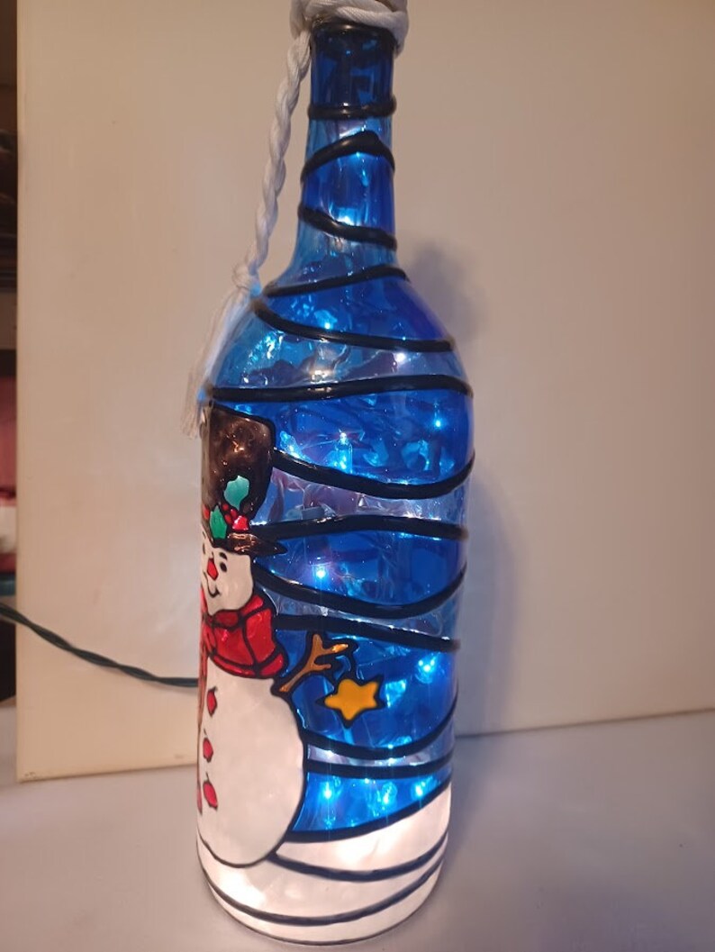 Snowman Inspired Stained Glass look Lighted Handpainted Wine Bottle image 5