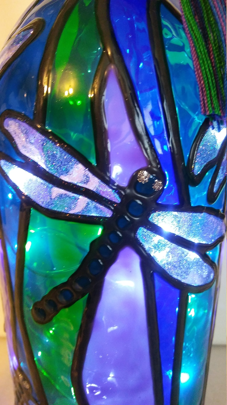Dragonfly Lighted Hand Painted Wine Bottle Inspired Stained Etsy