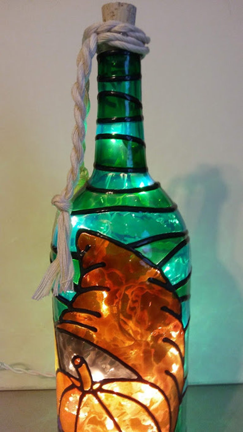 Thanksgiving Wine Bottle Lamp Hand Painted Stained Glass look large Bottle image 4