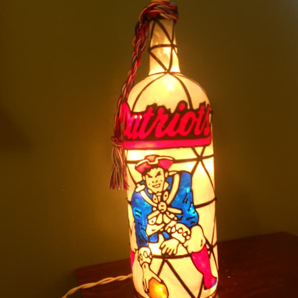 New England Patriots Inspired Bottle Lamp Handpainted Lighted Stained Glass look