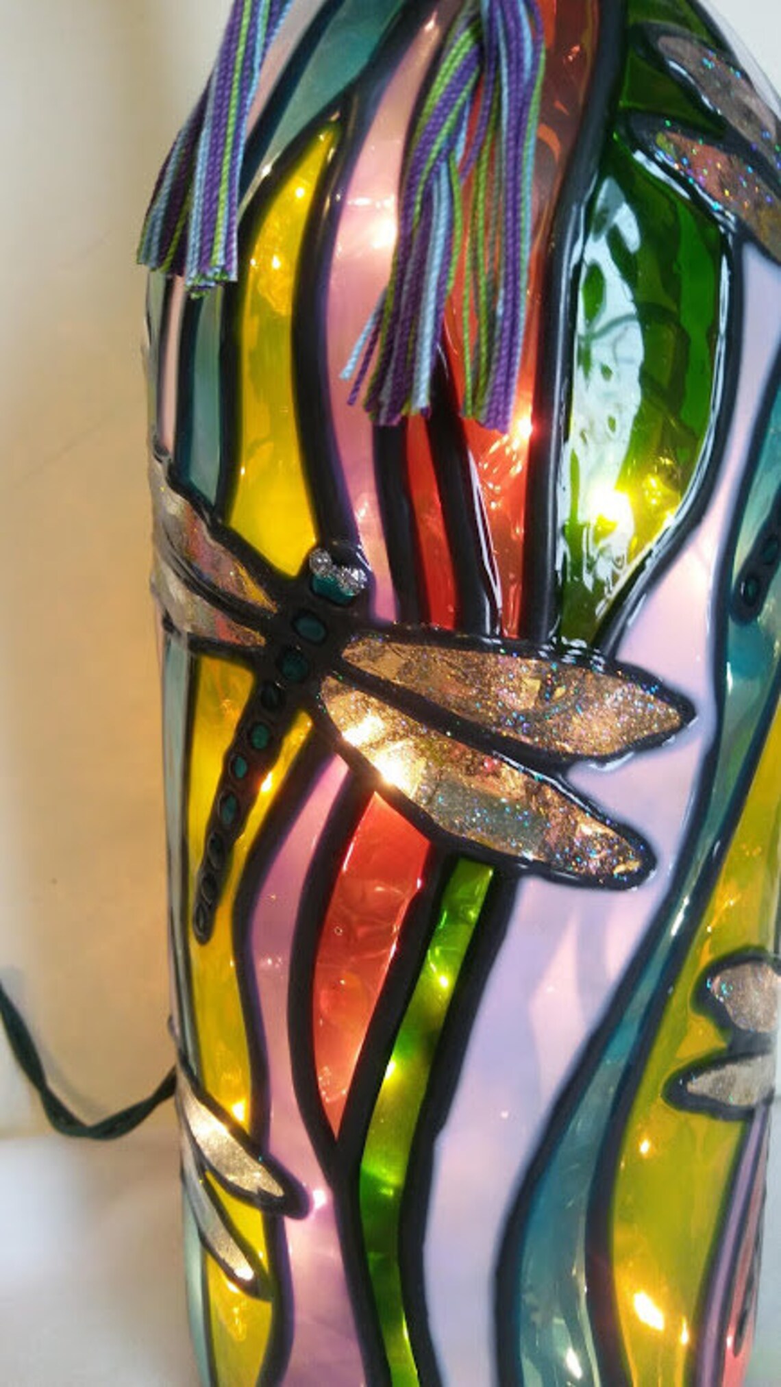 Dragonfly Lighted Handpainted Wine Bottle Inspired Stained Etsy