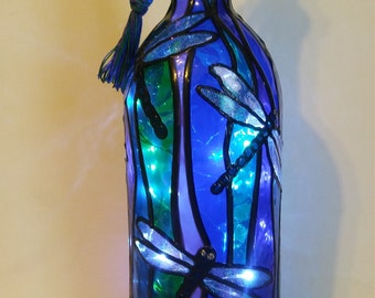 Dragonfly Lighted Hand painted Wine Bottle Inspired Stained Glass look 1