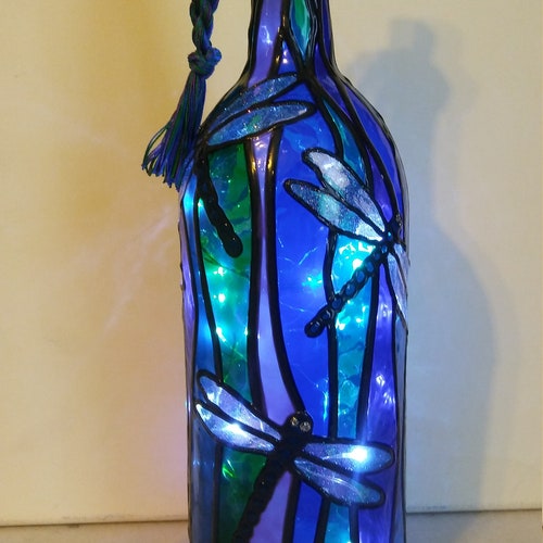 Dragonfly Lighted Hand Painted Wine Bottle Inspired Stained Etsy
