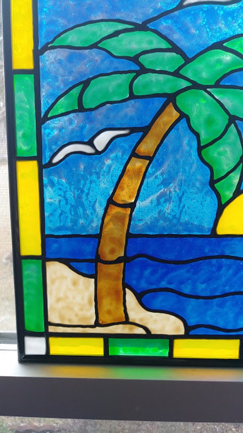 Palm Tree and Beach Stained Glass Window Panel hand painted Etsy