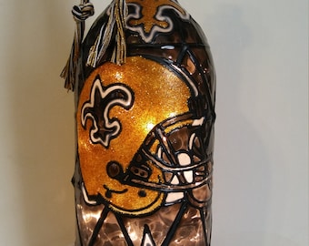 Lighted Handpainted Wine Bottle. New Orleans Saints Inspired Stained Glass look.