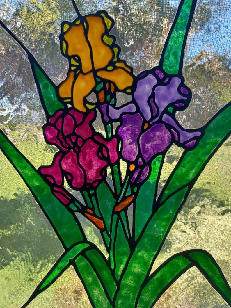Irises Stained Glass Window Panel Hand Painted Etsy
