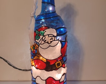 Santa Inspired Stained Glass look Lighted Handpainted Wine Bottle