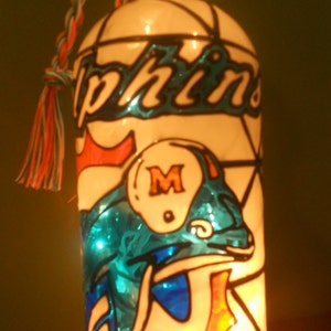 Miami Dolphins Inspired Wine Bottle Lamp Hand Painted Stained Glass Look Lighted image 2