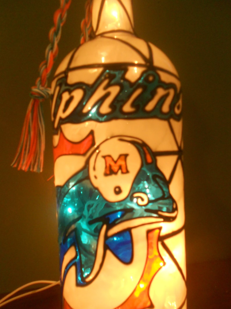 Miami Dolphins Inspired Wine Bottle Lamp Hand Painted Stained Glass Look Lighted image 2