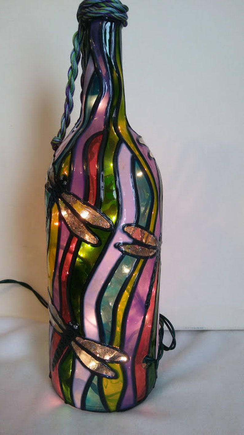Dragonfly Lighted Handpainted Wine Bottle Inspired Stained Etsy