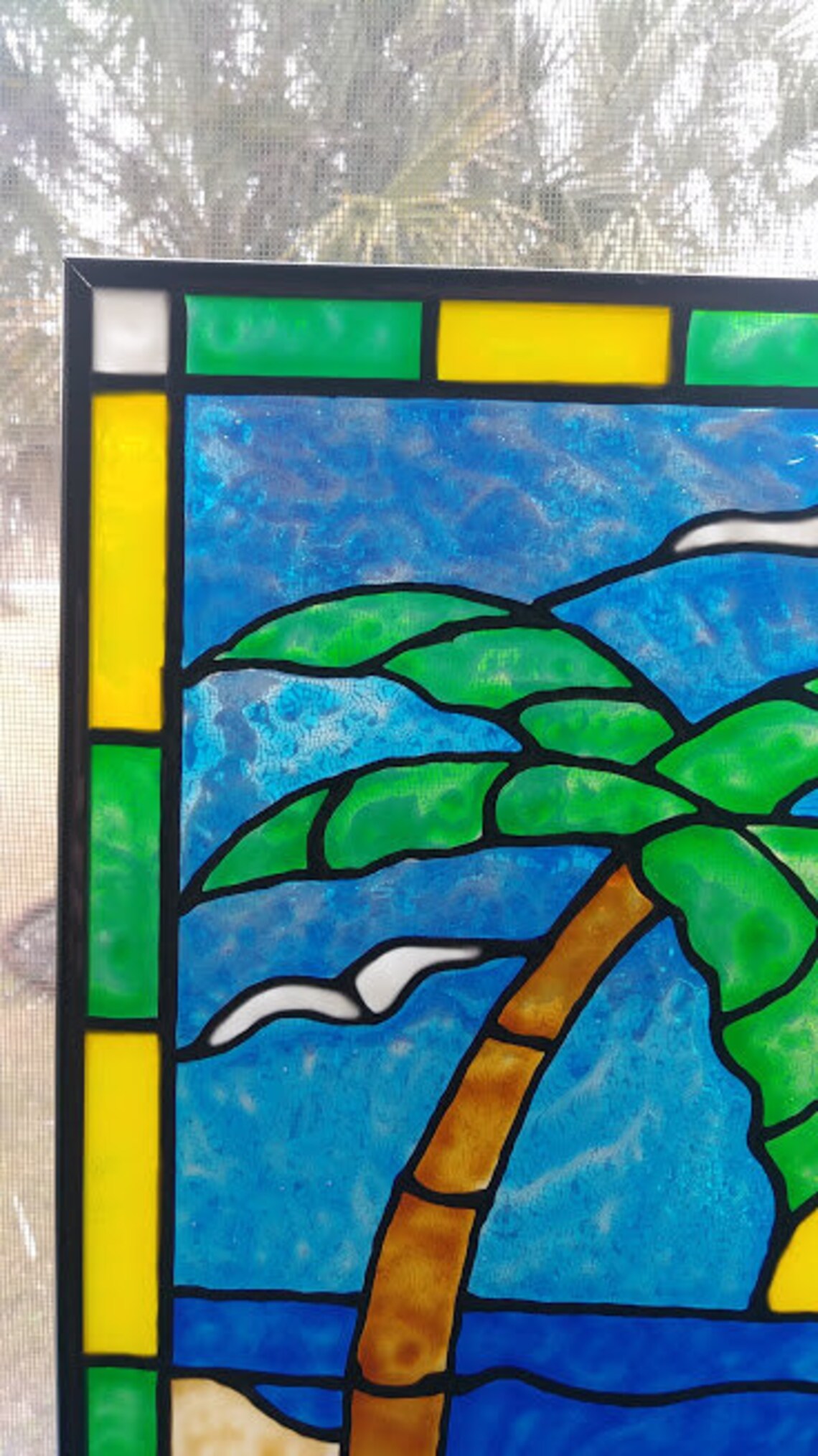 Palm Tree and Beach Stained Glass Window Panel Hand Painted Etsy