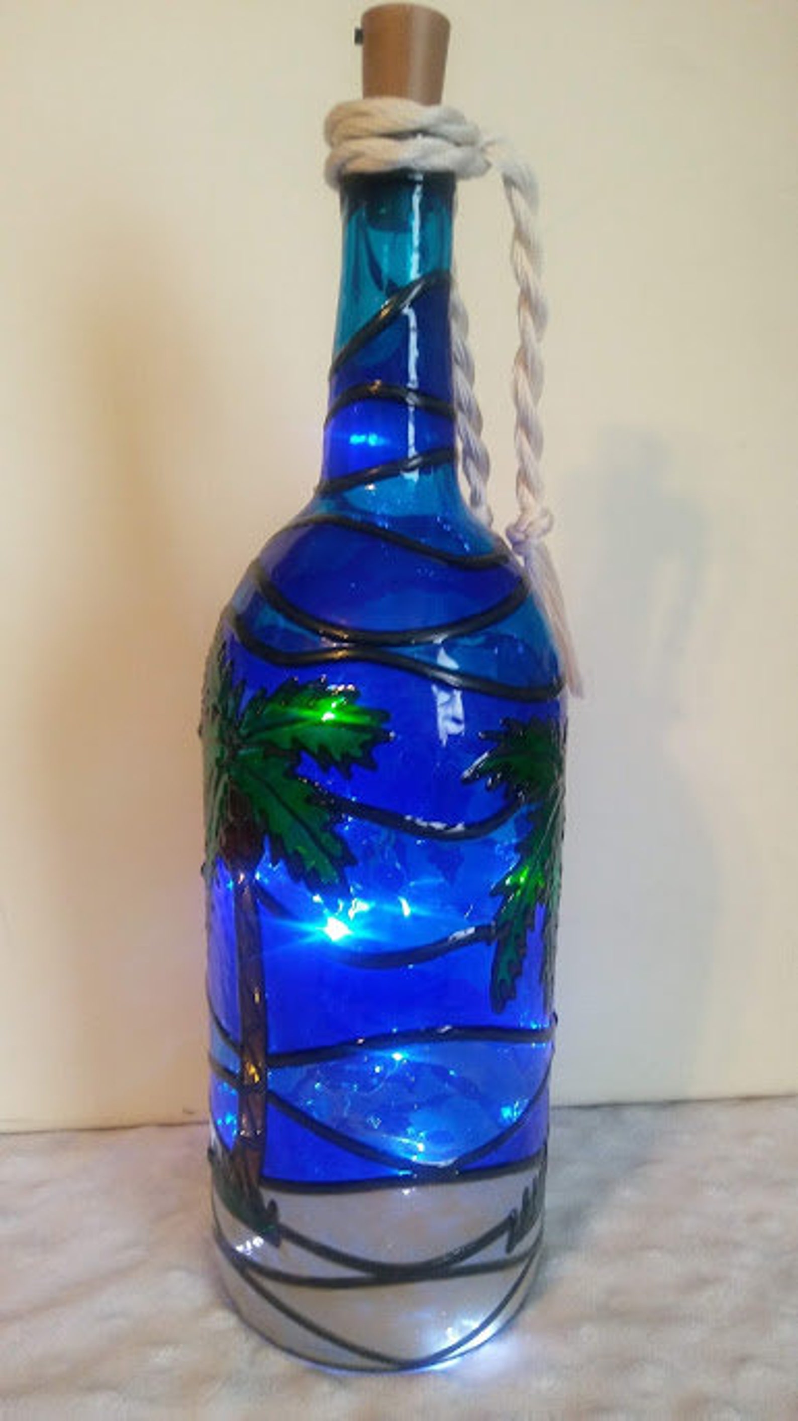 Palm Tree Bottle Lamp Stained Glass Look Lighted Handpainted - Etsy