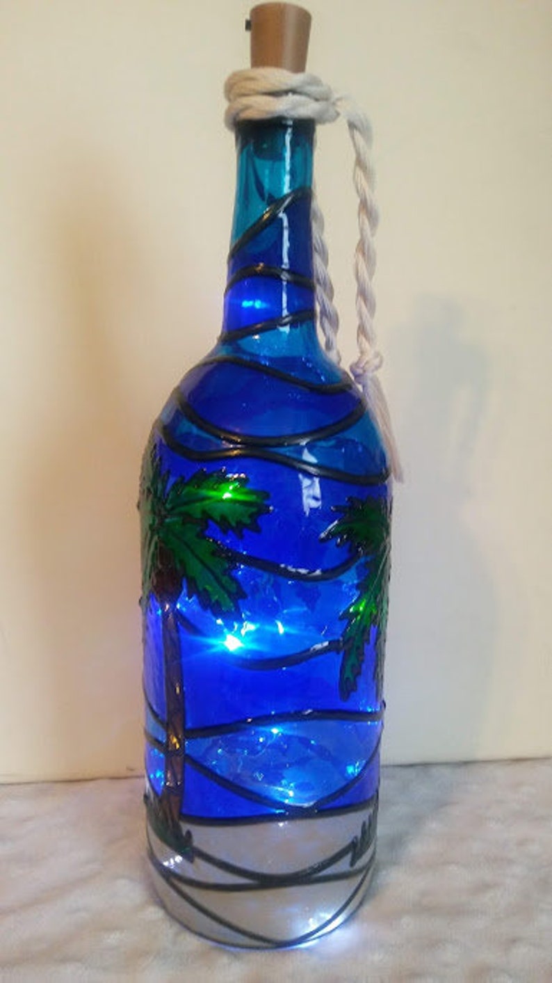 Palm Tree Bottle Lamp Stained Glass look Lighted Handpainted | Etsy