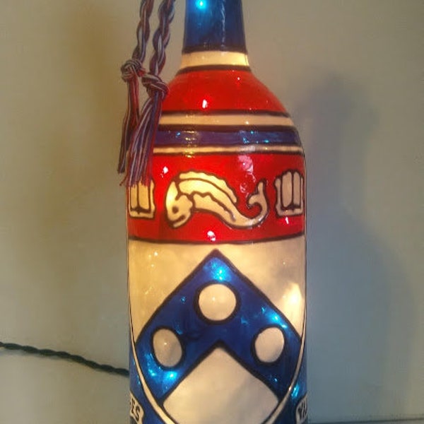 University of Pennsylvania Inspired Stained Glass look.Lighted Handpainted Wine Bottle.