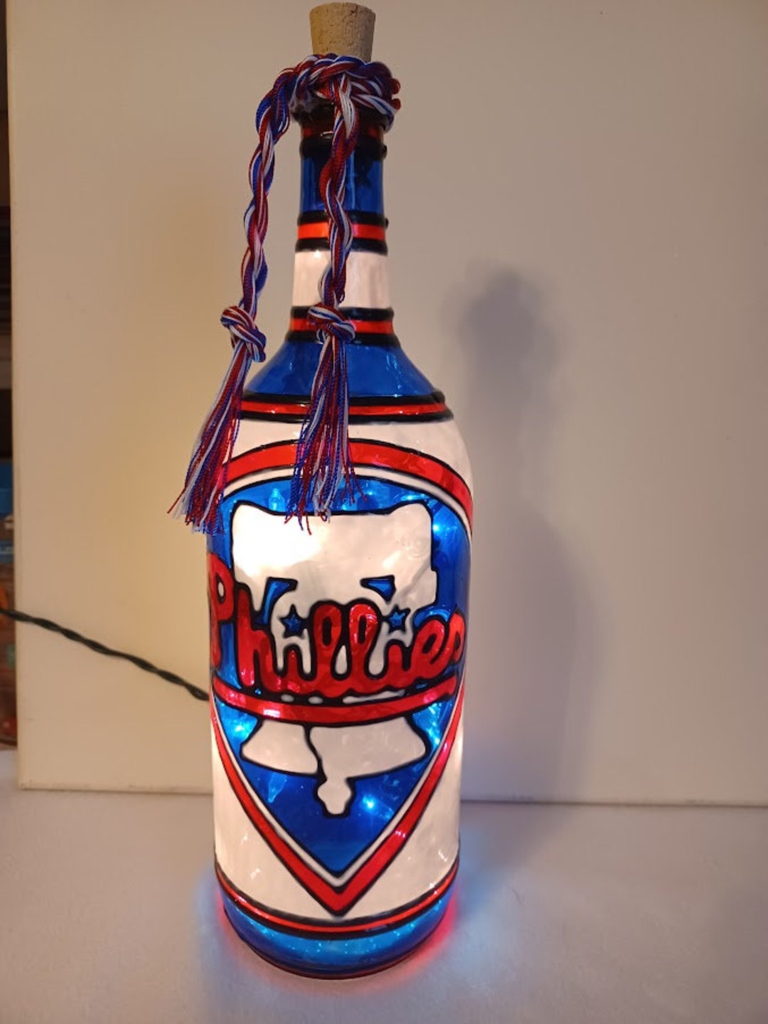 Philadelphia phillies inspired lighted hand painted wine bottle stained