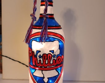 Philadelphia Phillies inspired Lighted Hand painted Wine Bottle-Stained Glass Look