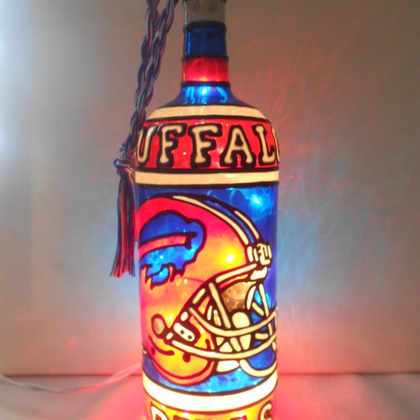 Buffalo Bills Inspired Bottle Lamp Handpainted Stained Glass look.