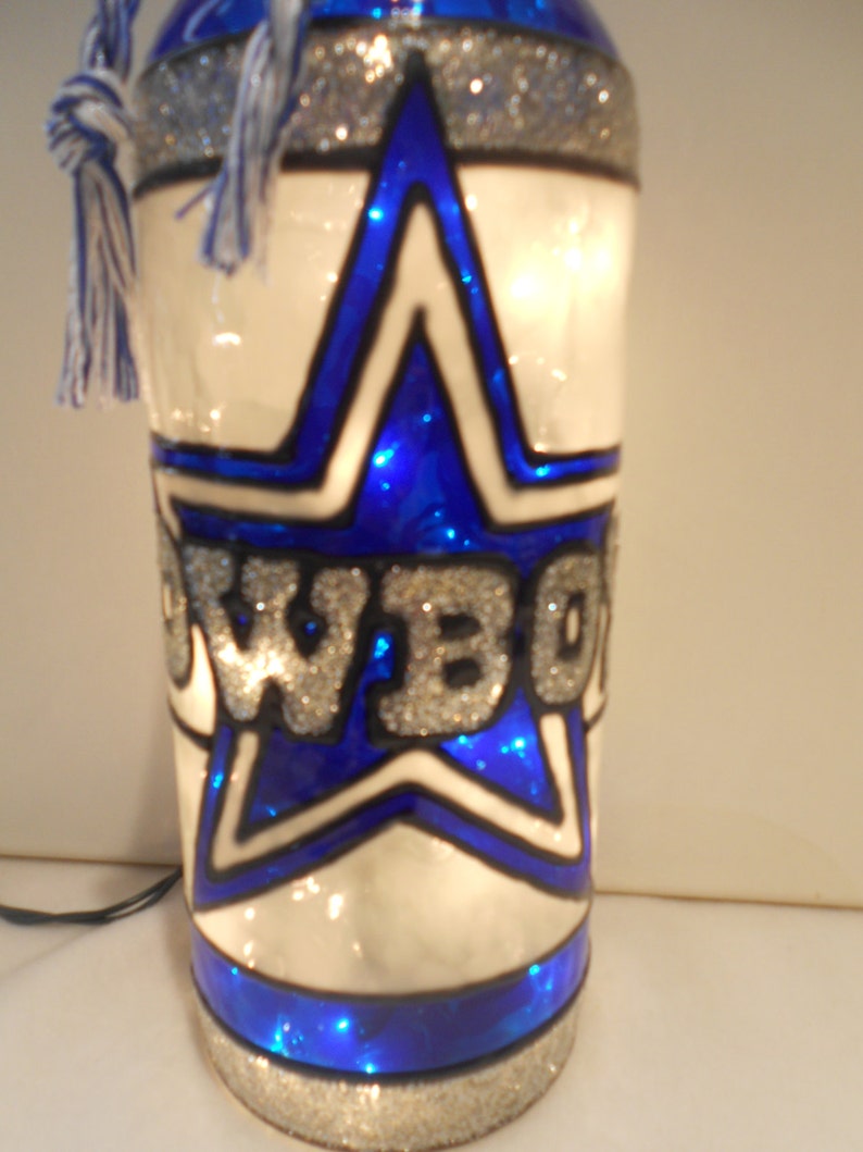 Dallas Cowboys inspired Wine Bottle Lamp Stained Glass Look Hand Painted image 2