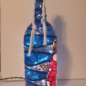 Snowman Inspired Stained Glass look Lighted Handpainted Wine Bottle image 3