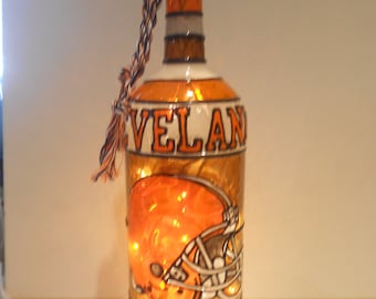 Cleveland Browns  inspired Wine Bottle Lamp Lighted Handpainted Stained Glass Look