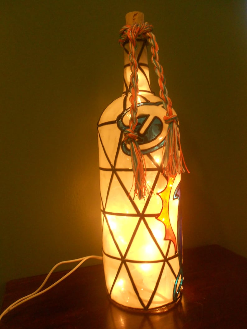Miami Dolphins Inspired Wine Bottle Lamp Hand Painted Stained Glass Look Lighted image 4