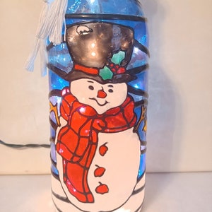 Snowman Inspired Stained Glass look Lighted Handpainted Wine Bottle image 1