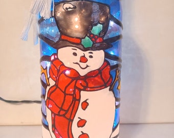 Snowman Inspired Stained Glass look Lighted Handpainted Wine Bottle