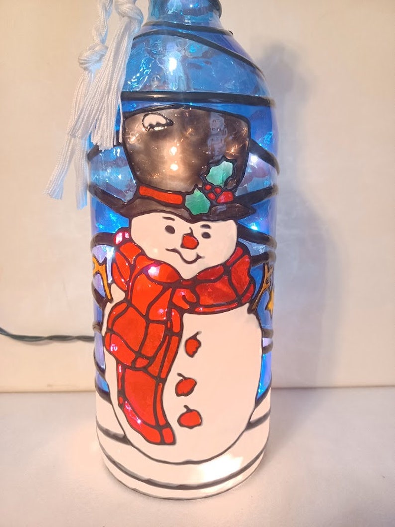 Snowman Inspired Stained Glass look Lighted Handpainted Wine Bottle image 1