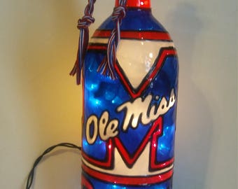 Ole Miss Rebels Inspired Bottle Lamp, Bottle Light Hand Painted Lighted Stained Glass Look