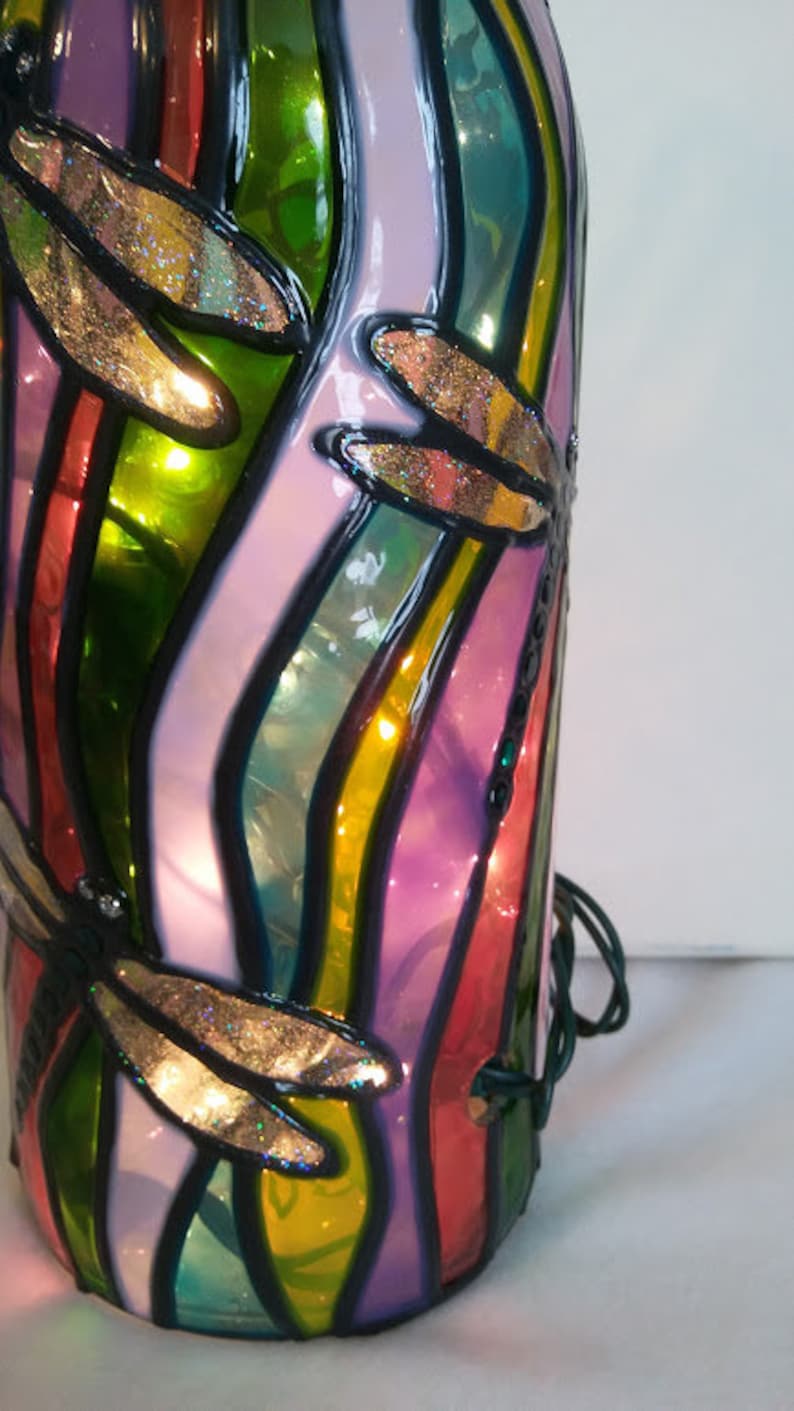 Dragonfly Lighted Handpainted Wine Bottle Inspired Stained Etsy