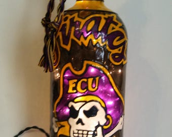 ECU Pirates Inspired Lighted Handpainted Wine Bottle Stained Glass look