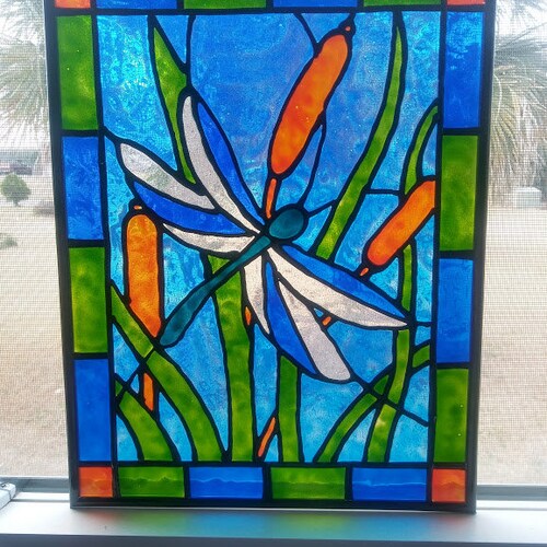 Dragonfly Stained Glass Suncatcher Window Hanging Decor Etsy