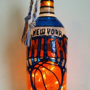 New York Knicks Inspired Bottle Lamp/ Bottle Light painted stained glass look