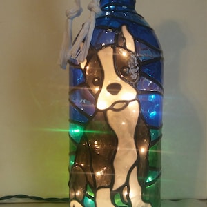 Boston Terrier Puppy Bottle Lamp Hand Painted Stained Glass Look Lighted