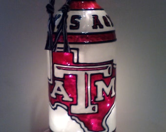 Texas A & M Inspired Wine Bottle Lamp Hand Painted Lighted Stained Glass Look