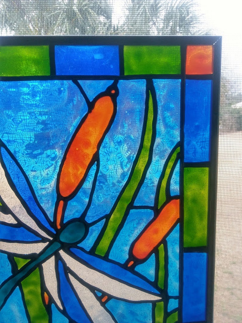 Dragonfly Stained Glass Window Panel hand painted