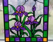 Dragonfly and Purple Irises Stained Glass Window Panel hand painted
