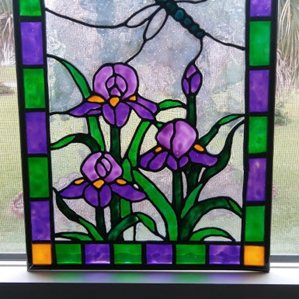 Dragonfly and Purple Irises Stained Glass Window Panel hand painted