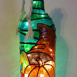 Thanksgiving Wine Bottle Lamp Hand Painted Stained Glass look large Bottle