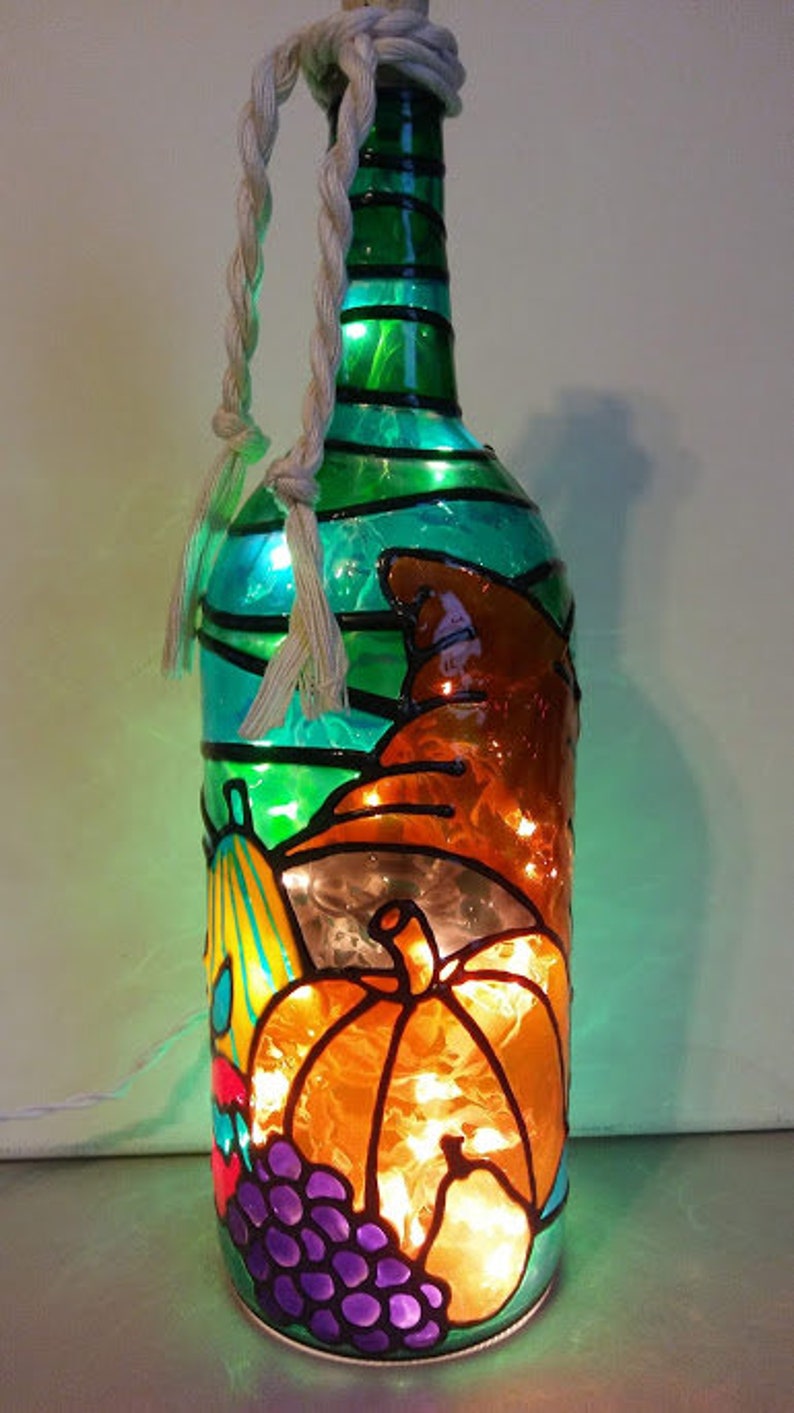 Thanksgiving Wine Bottle Lamp Hand Painted Stained Glass look large Bottle image 1