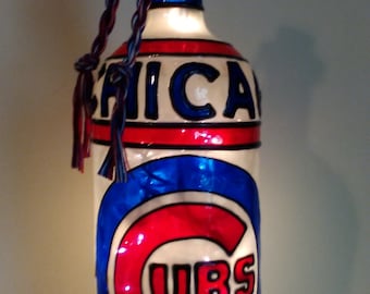 Chicago Cubs inspired Hand paintedWine Bottle Stained Glass Look