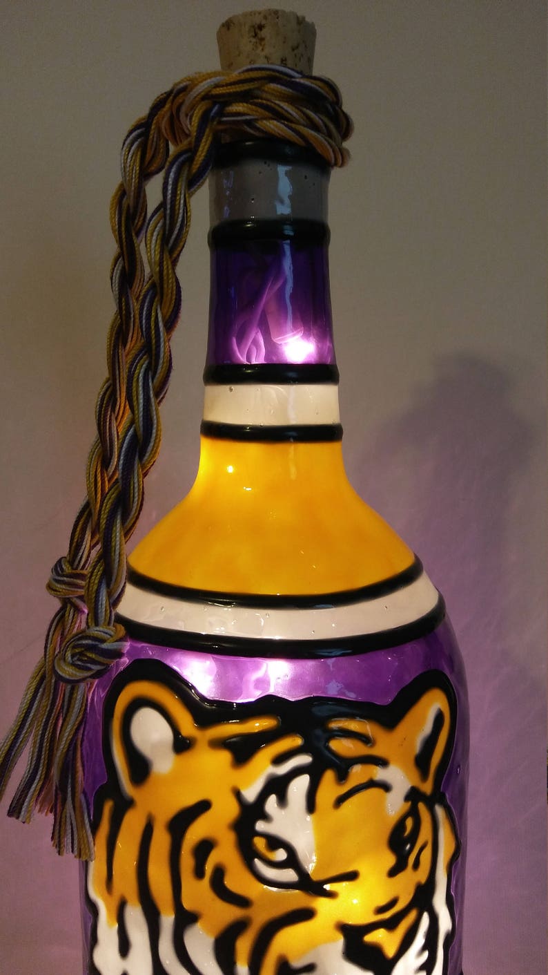 Louisiana State University Inspired Bottle Lamp Handpainted Lighted Stained Glass look.
