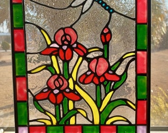 Dragonfly and Pink Irises Stained Glass Window Panel hand painted