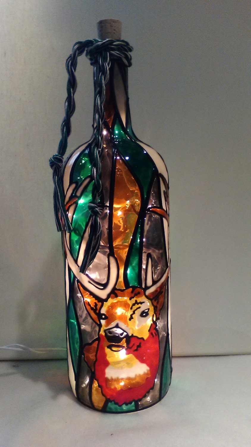 Deer Hunter Bottle Lamp Handpainted Lighted Stained Glass Look Etsy