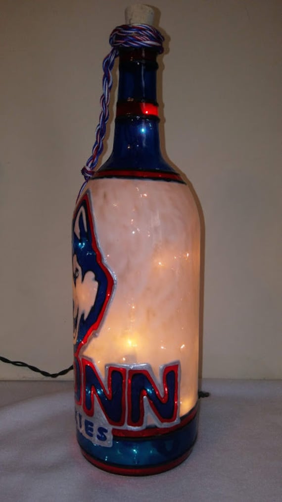 Uconn Huskies Inspired Handpainted Lighted Wine Bottle Stained Glass Look