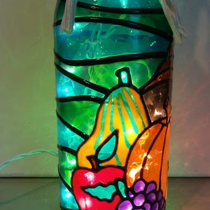 Thanksgiving Wine Bottle Lamp Hand Painted Stained Glass look large Bottle image 3